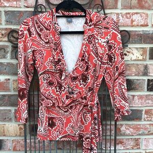 Ann Taylor paisley patterned tie front blouse XSP